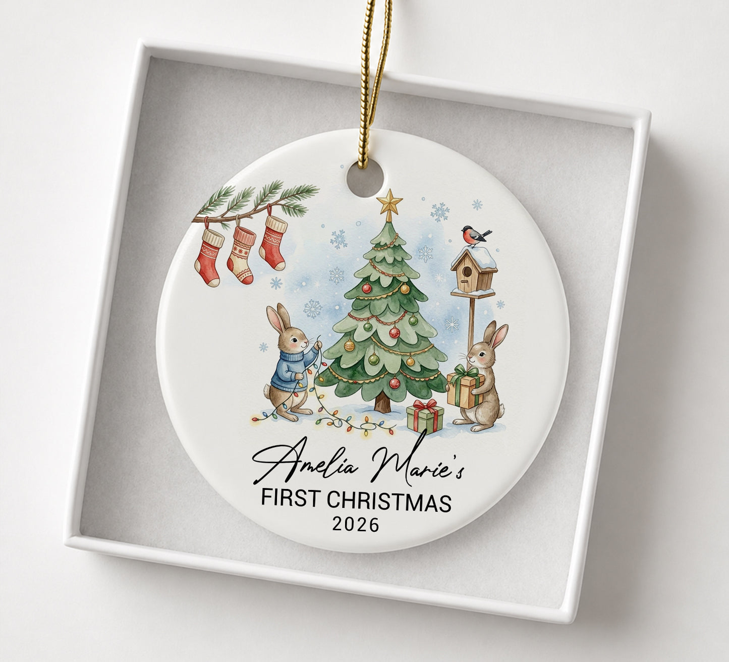 Baby 1st Christmas Ornament - Rabbit Pine Custom Name Ceramic Ornament 2026