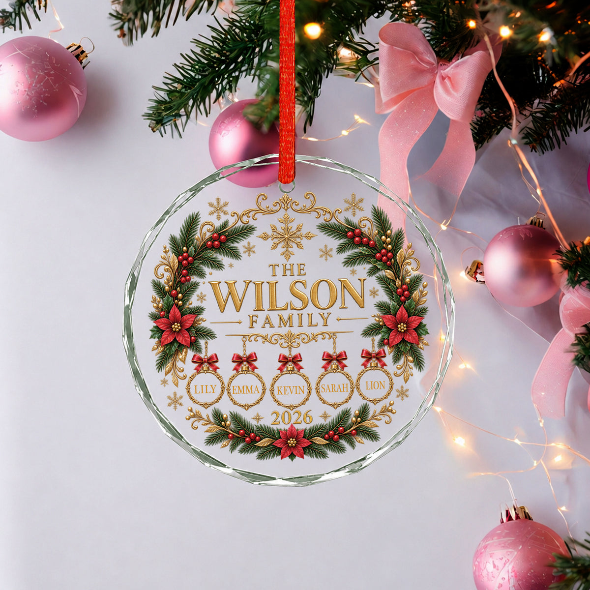 Personalized Christmas ornament engraved with family name, custom-named glass ornament, family and pet ornament, 2026 family keepsake.