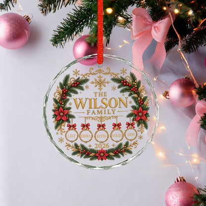 Personalized Christmas ornament engraved with family name, custom-named glass ornament, family and pet ornament, 2026 family keepsake.