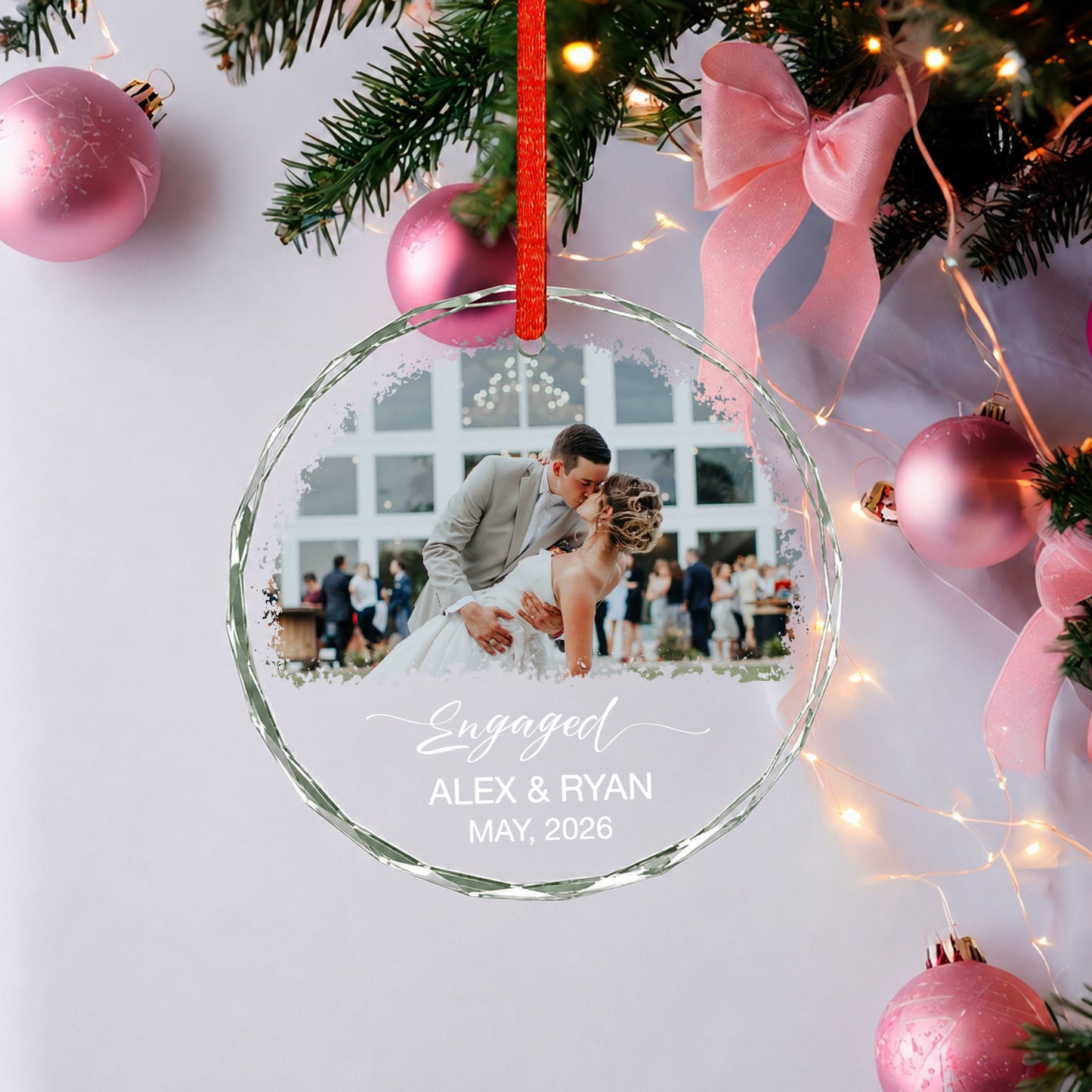 Engaged Custom Name Date  Image Glass Ornament 2026 Xmas
