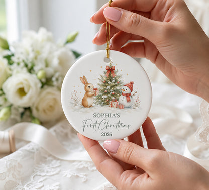 Baby 1st Christmas Rabbit & Snowman Ornament - Custom Name Ceramic Ornament 2026