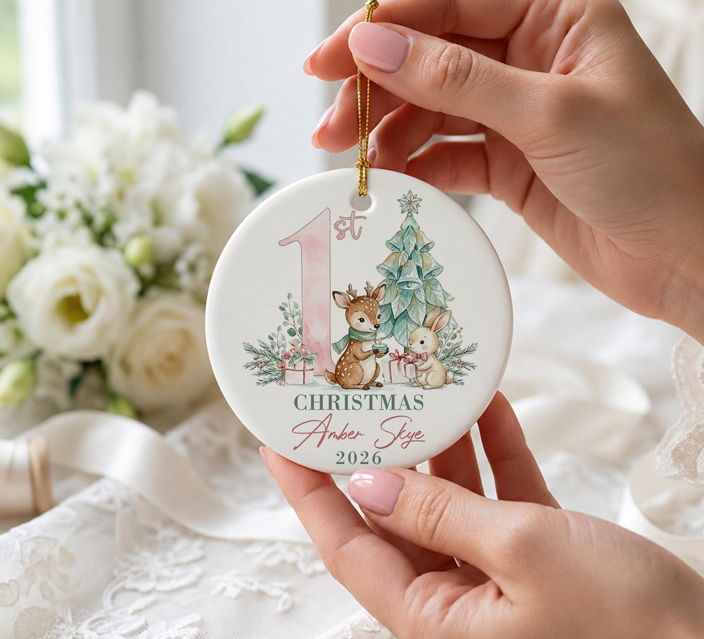 Baby 1st Christmas Ornament - Deer & Rabbit Custom Name Ceramic Ornament 2026