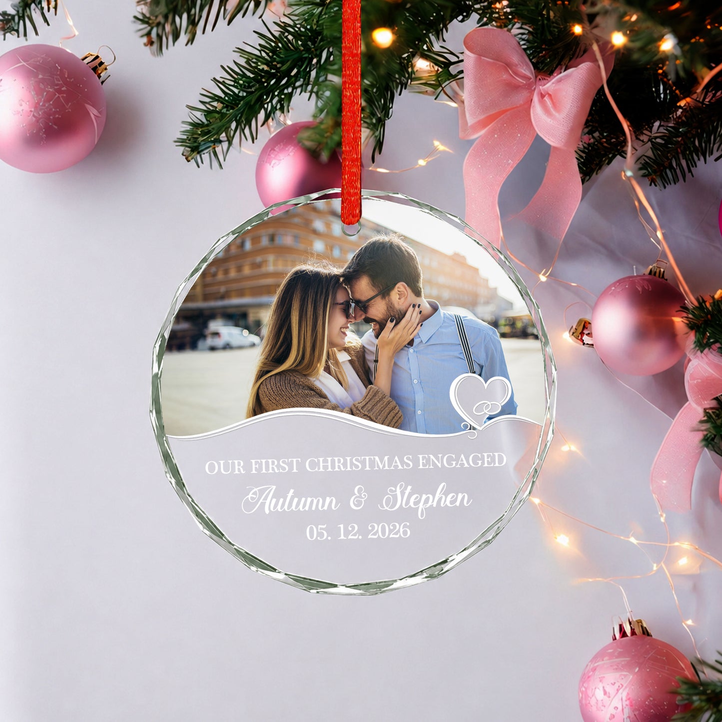 Our First Engaged Custom Image Name  Glass Ornament 2026 Xmas