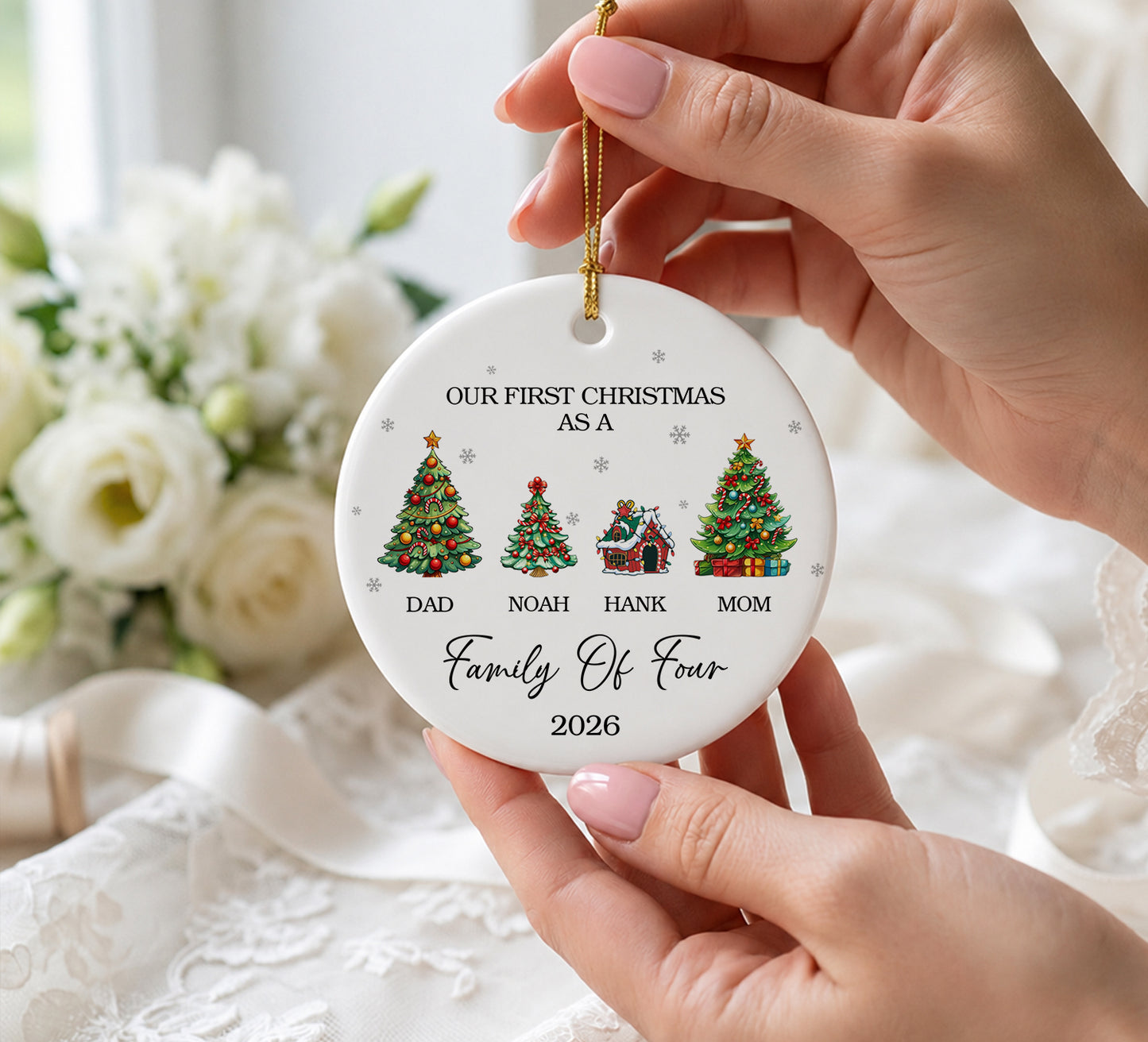 Our 1st Christmas Family Of Four Ornament - Pine Tree Pattern Custom Name Ceramic Ornament 2026