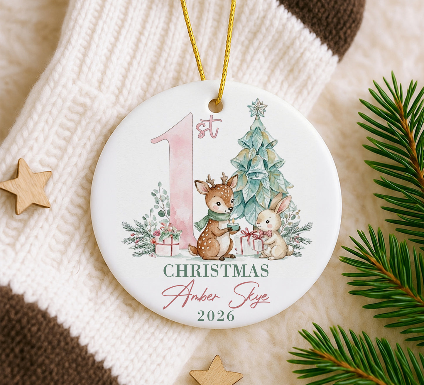 Baby 1st Christmas Ornament - Deer & Rabbit Custom Name Ceramic Ornament 2026