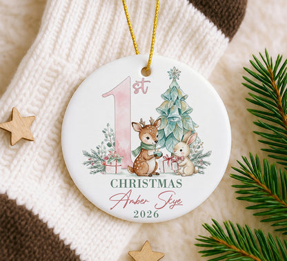 Baby 1st Christmas Ornament - Deer & Rabbit Custom Name Ceramic Ornament 2026