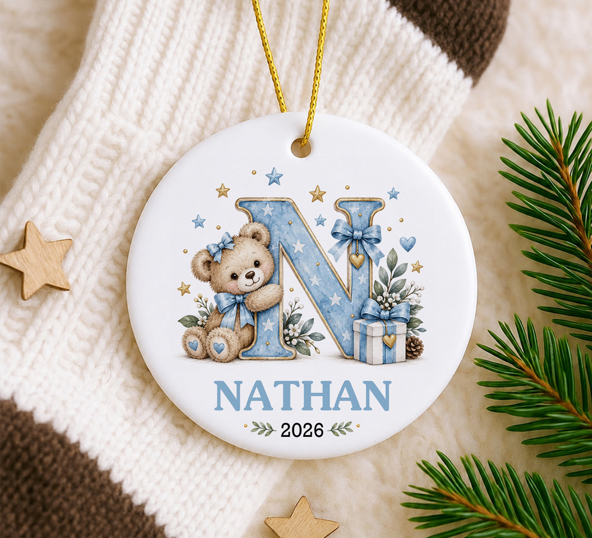 Personalized Teddy Bear Initial Ornament, Custom Name and Year Christmas Keepsake, Baby First Christmas Gift, Kids Holiday Ornament