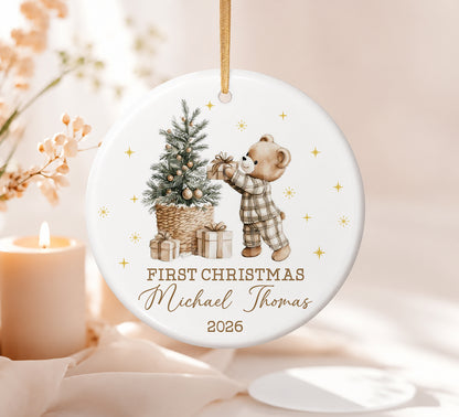 Baby 1st Christmas Bear Gift Ornament - Custom Name Ceramic Ornament 2026
