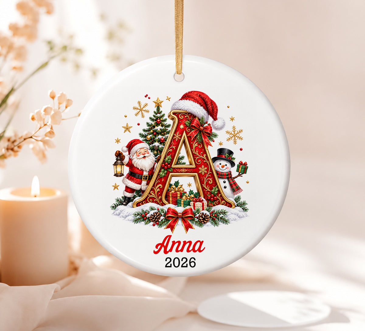 Personalized Christmas Letter A Ornament 2026, Monogram Initial Ceramic Ornament, Vintage Santa Snowman Holiday Tree Decoration