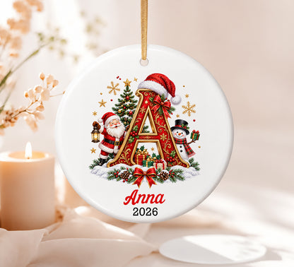 Personalized Christmas Letter A Ornament 2026, Monogram Initial Ceramic Ornament, Vintage Santa Snowman Holiday Tree Decoration
