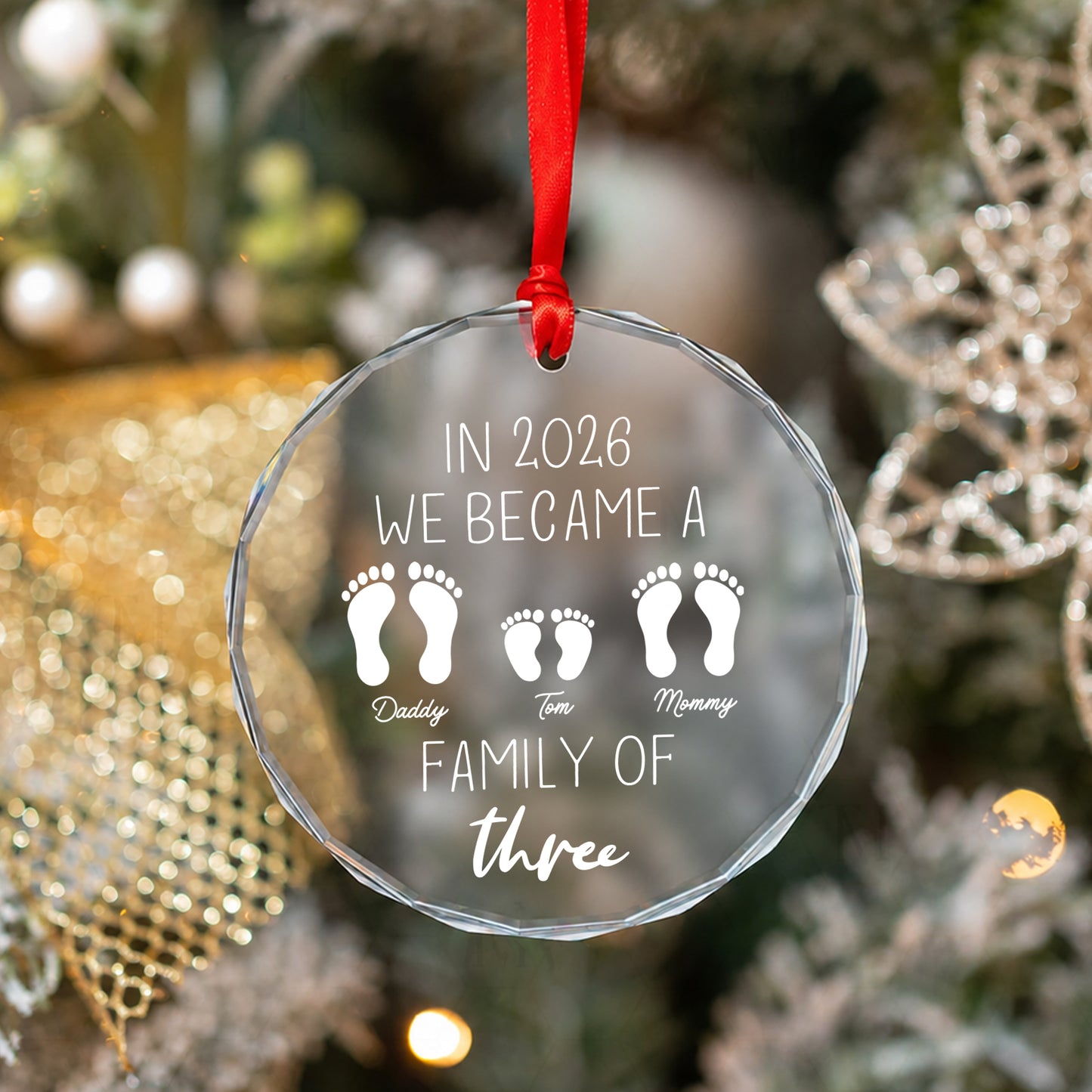 We Became Family Of Three - Custom Name Glass Ornament 2026