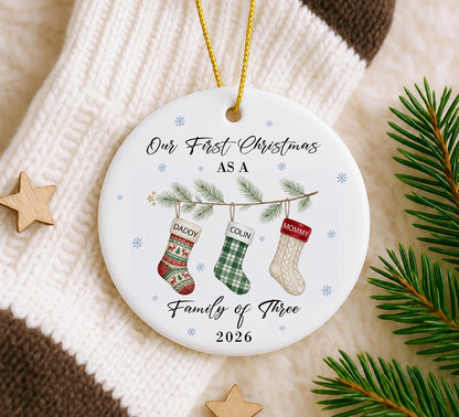 Our 1st Christmas Family Of Three Ornament - Sock Pattern Custom Name Ceramic Ornament 2026