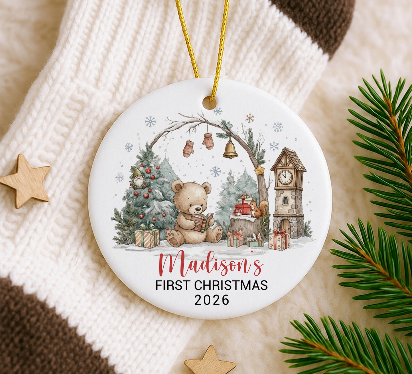 Baby 1st Christmas Bear Ornament - Custom Name Ceramic Ornament 2026