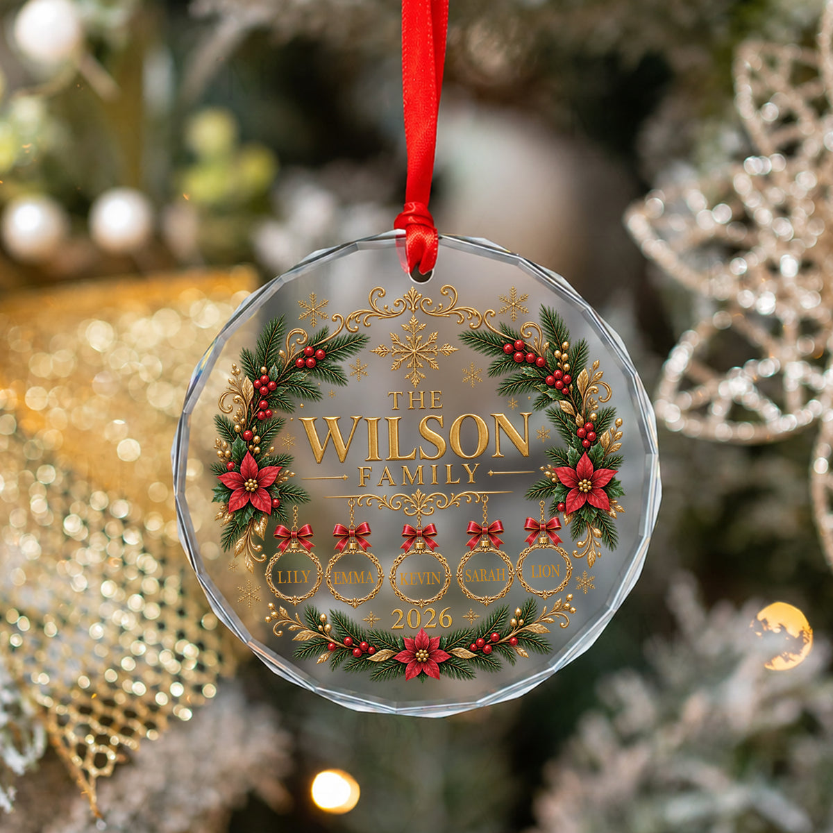 Personalized Christmas ornament engraved with family name, custom-named glass ornament, family and pet ornament, 2026 family keepsake.