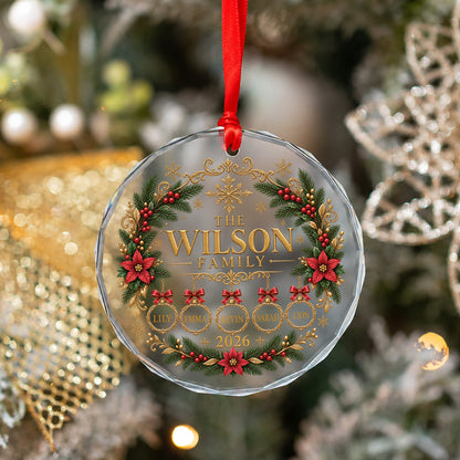 Personalized Christmas ornament engraved with family name, custom-named glass ornament, family and pet ornament, 2026 family keepsake.