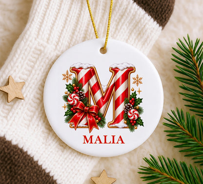 Personalized Candy Cane Initial Ornament, Custom Name Christmas Keepsake (3 Inch Glass)