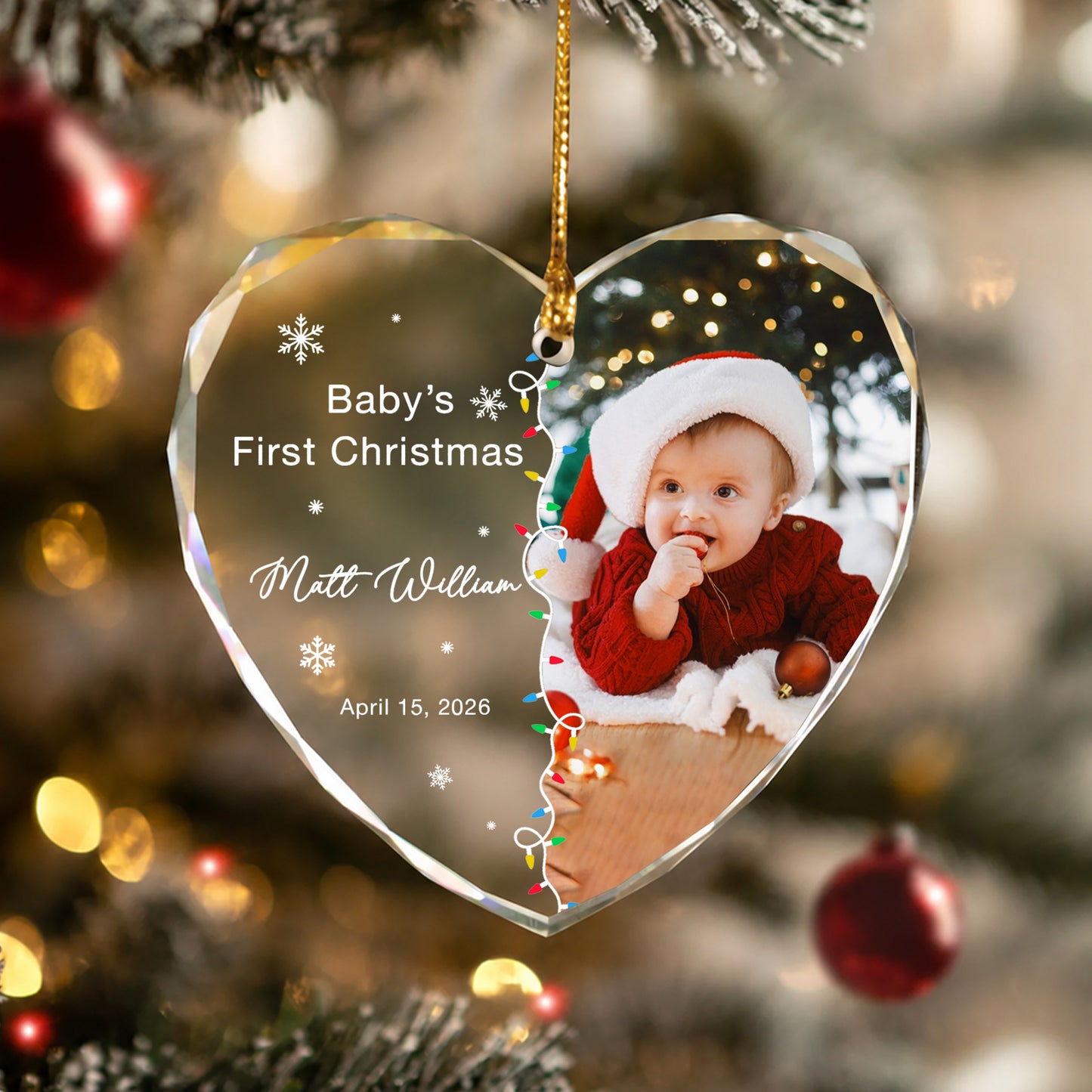 Baby 1st Christmas Ornament - Custom Name & Image Heart Glass Ornament 2026