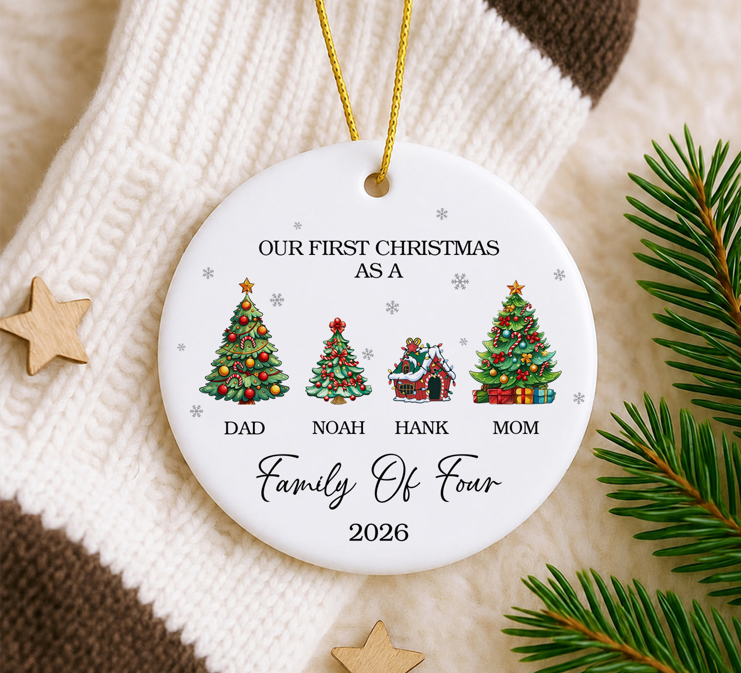 Our 1st Christmas Family Of Four Ornament - Pine Tree Pattern Custom Name Ceramic Ornament 2026