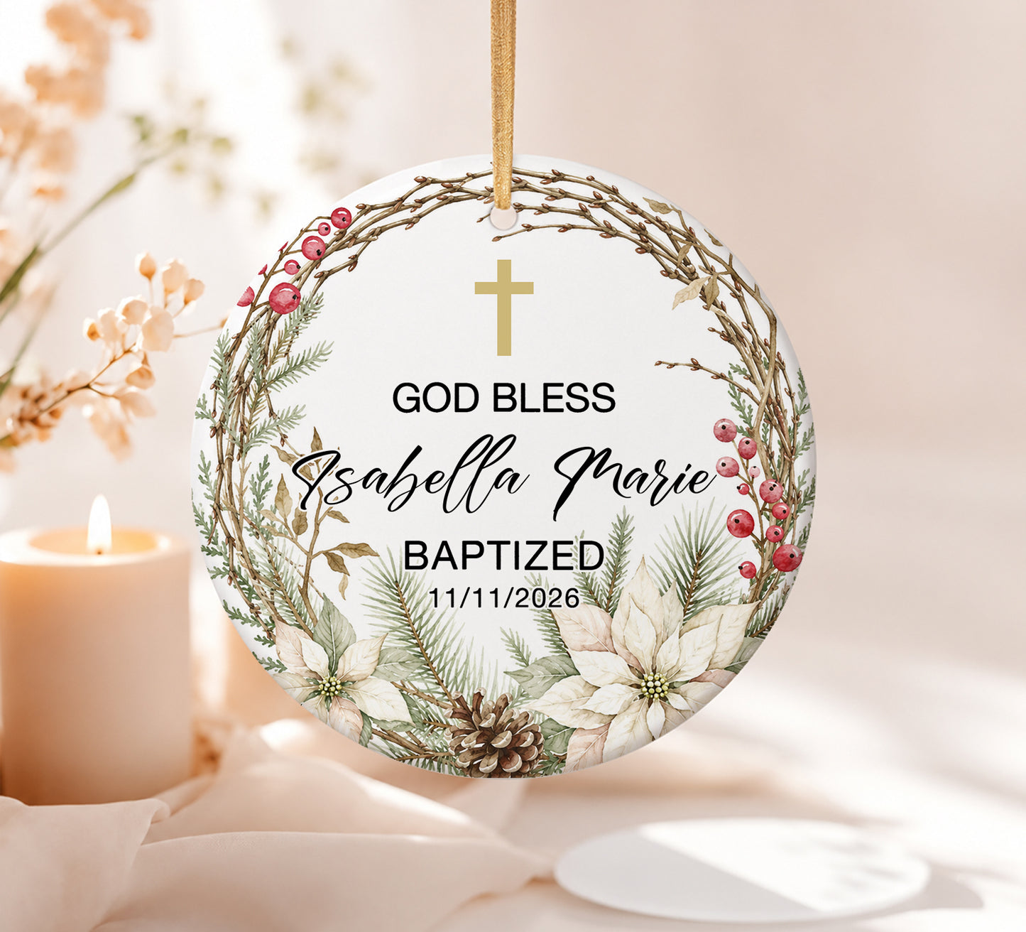 God Bless Custom Name Baptized - Custom Date Time Ceramic Ornament Xmas 2026