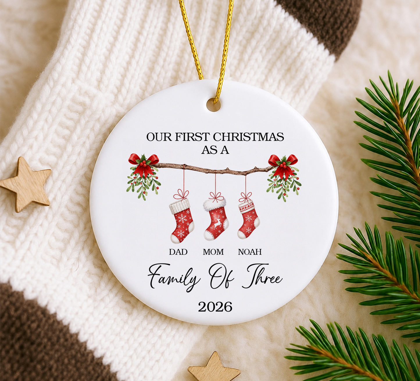 Family Of Three 1st Christmas - Ceramic Ornament 2026 Xmas