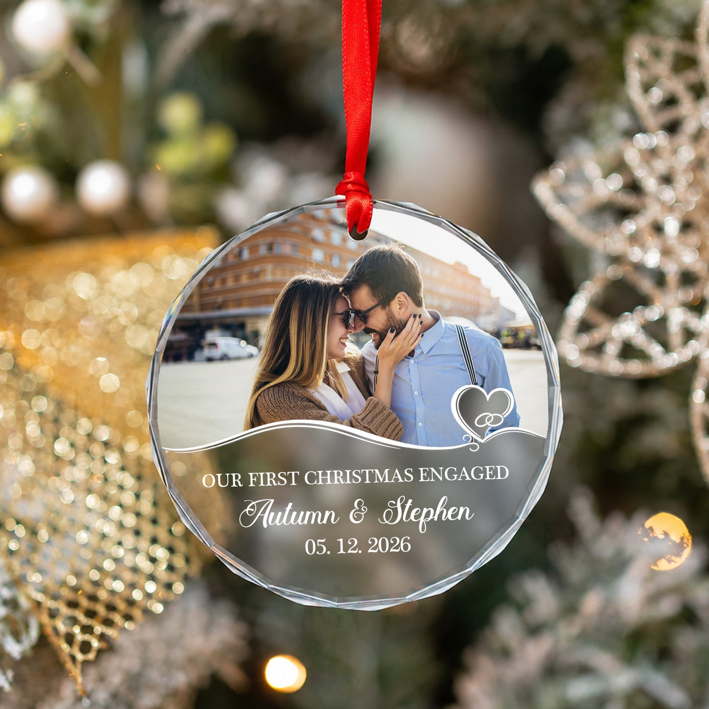 Our First Engaged Custom Image Name  Glass Ornament 2026 Xmas