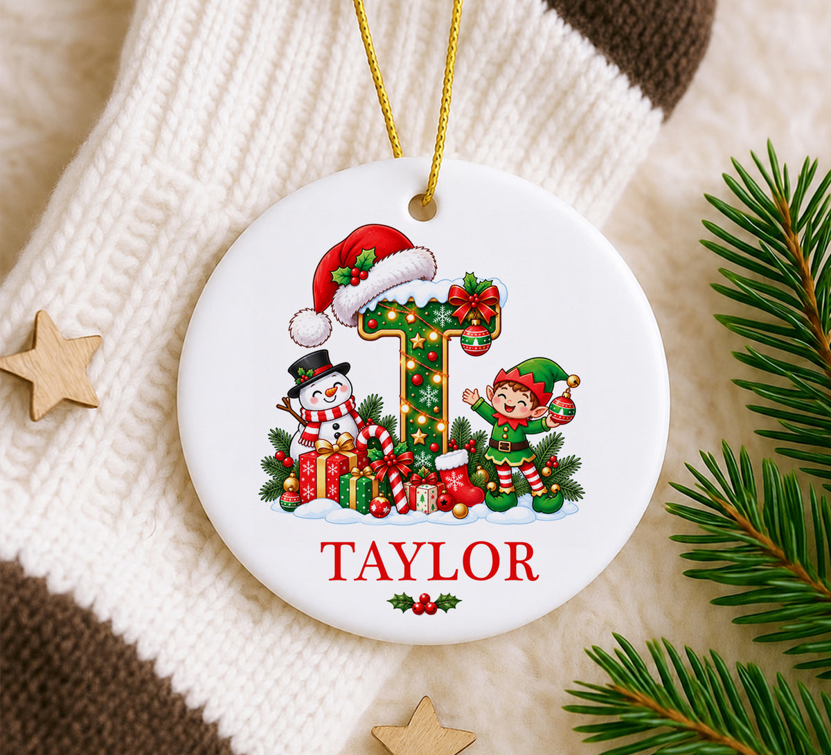 Personalized Letter Name Ornament Custom Monogram Christmas Initial Elf Letter Bauble Kids Name Keepsake Elegant Holiday Decor Family Gift