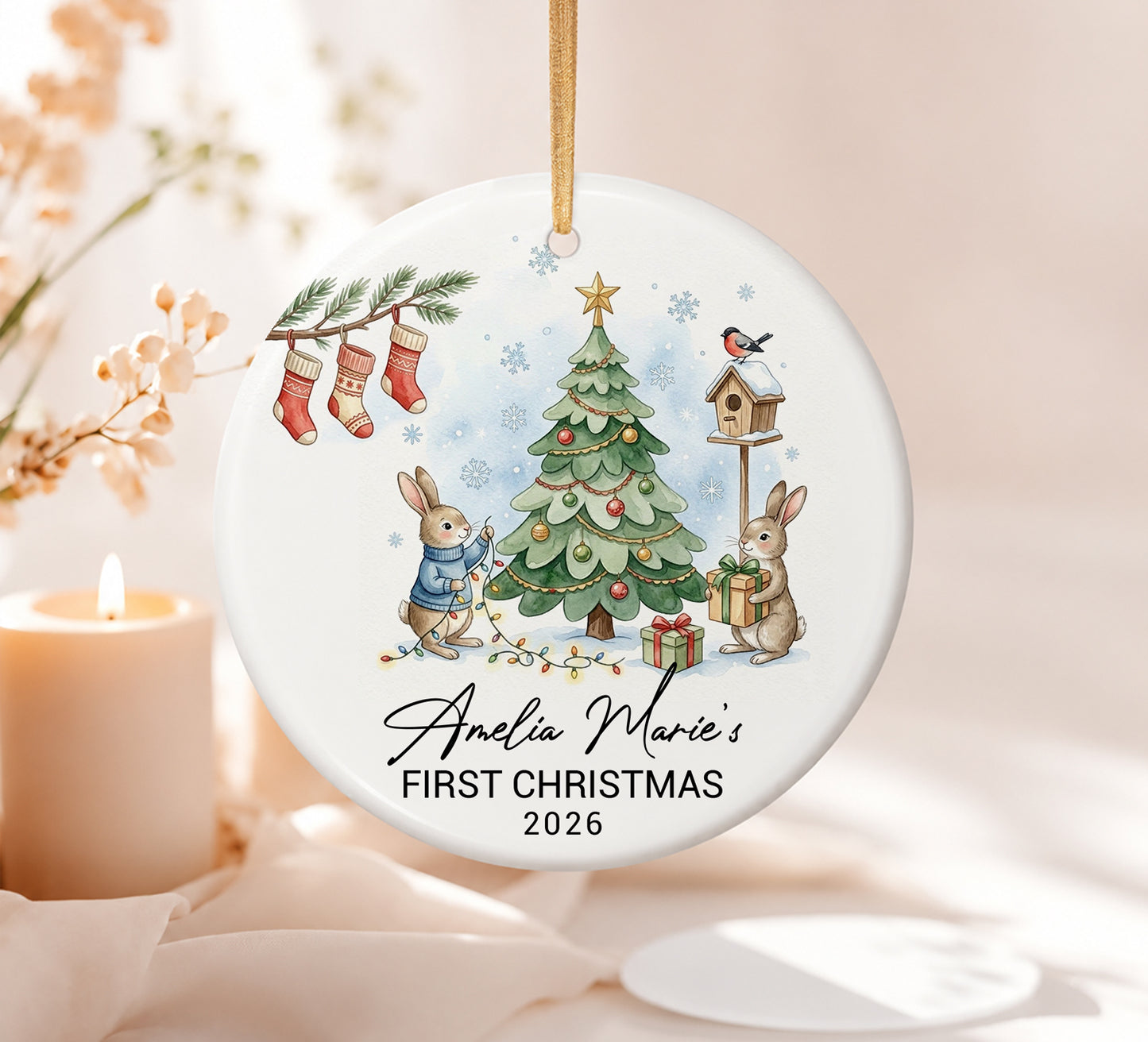 Baby 1st Christmas Ornament - Rabbit Pine Custom Name Ceramic Ornament 2026