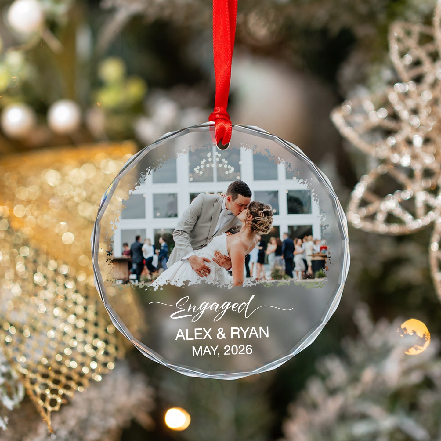 Engaged Custom Name Date  Image Glass Ornament 2026 Xmas