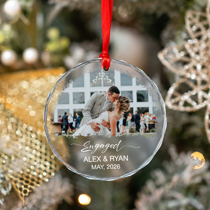 Engaged Custom Name Date  Image Glass Ornament 2026 Xmas