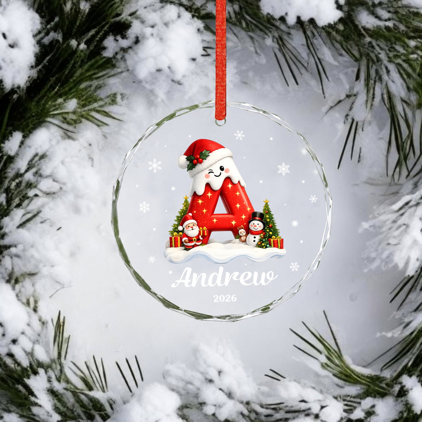 Init Letter Santa Custom Name Christmas Glass Ornament Xmas 2026