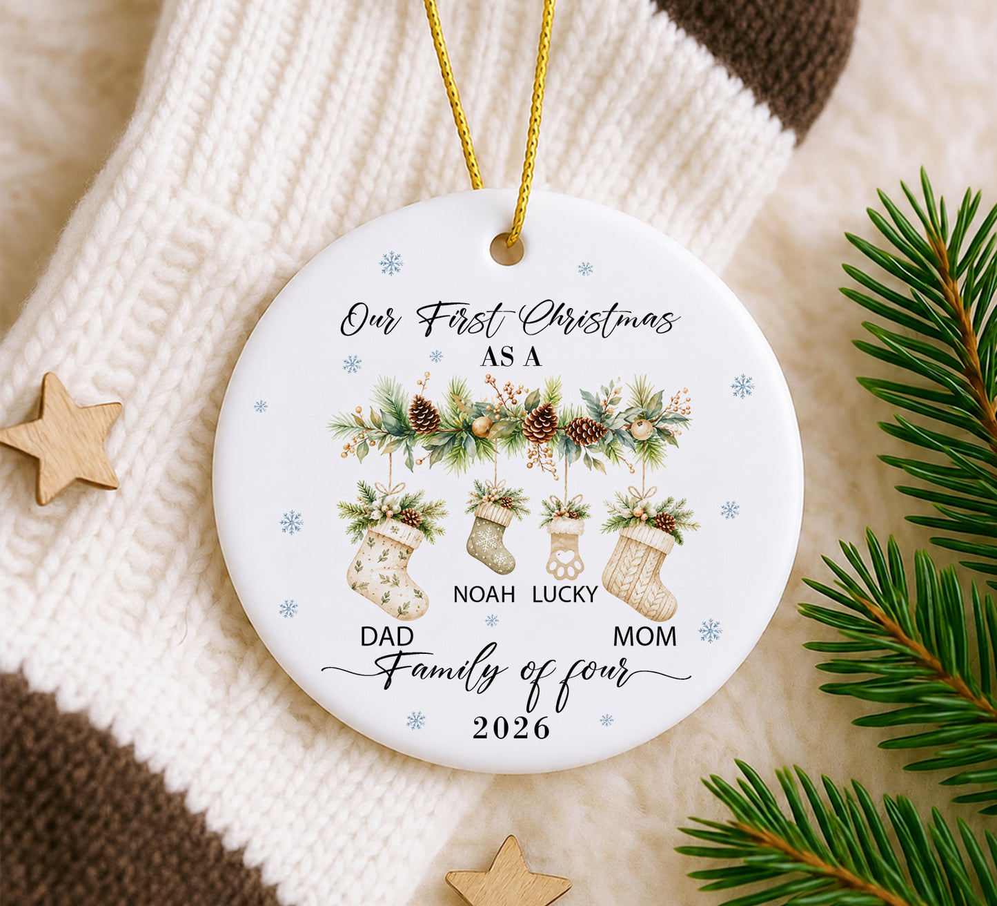 Our 1st Christmas Family Of Four Ornament - Sock Pattern Custom Name Ceramic Ornament 2026