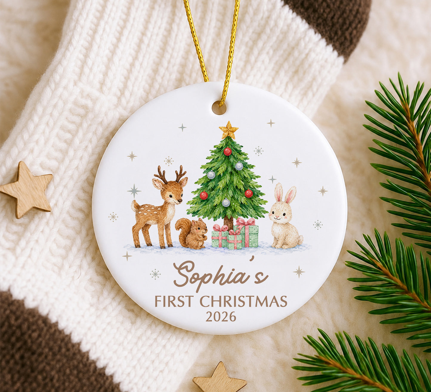 Baby 1st Christmas Animal Ornament - Custom Name Ceramic Ornament 2026