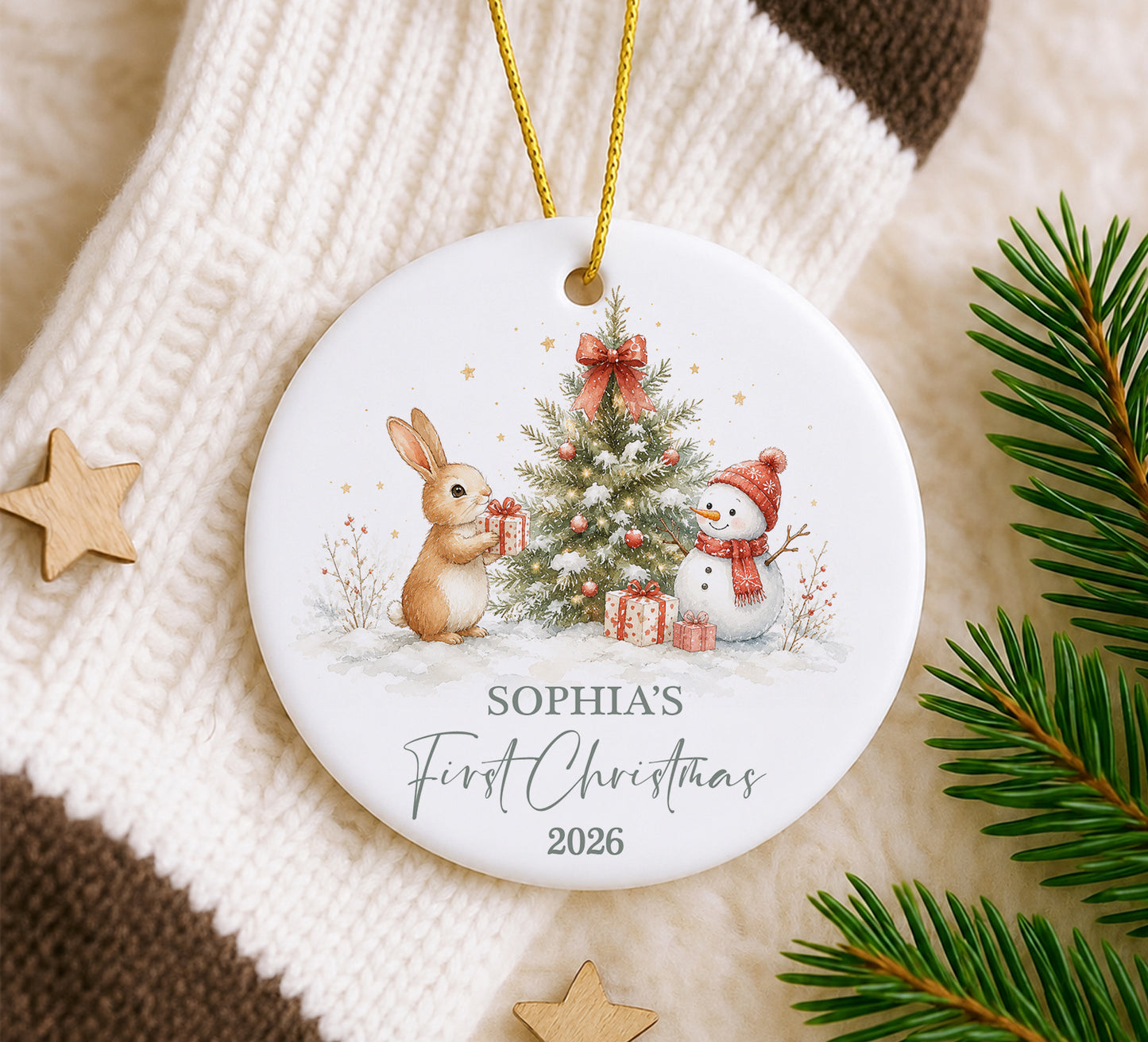 Baby 1st Christmas Rabbit & Snowman Ornament - Custom Name Ceramic Ornament 2026