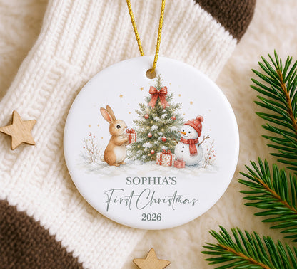 Baby 1st Christmas Rabbit & Snowman Ornament - Custom Name Ceramic Ornament 2026