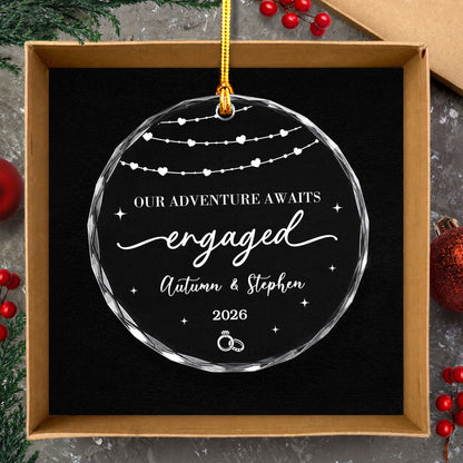 Our Adventure Engaged Custom Name Glass Ornament 2026 Xmas