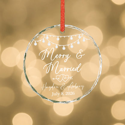 Merry & Married Custom Name Glass Xmas Ornament 2026