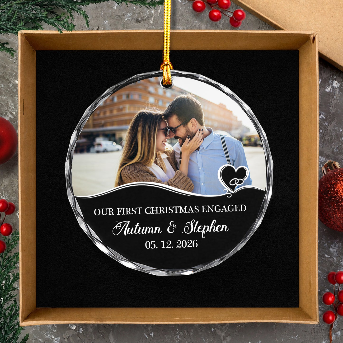Our First Engaged Custom Image Name  Glass Ornament 2026 Xmas