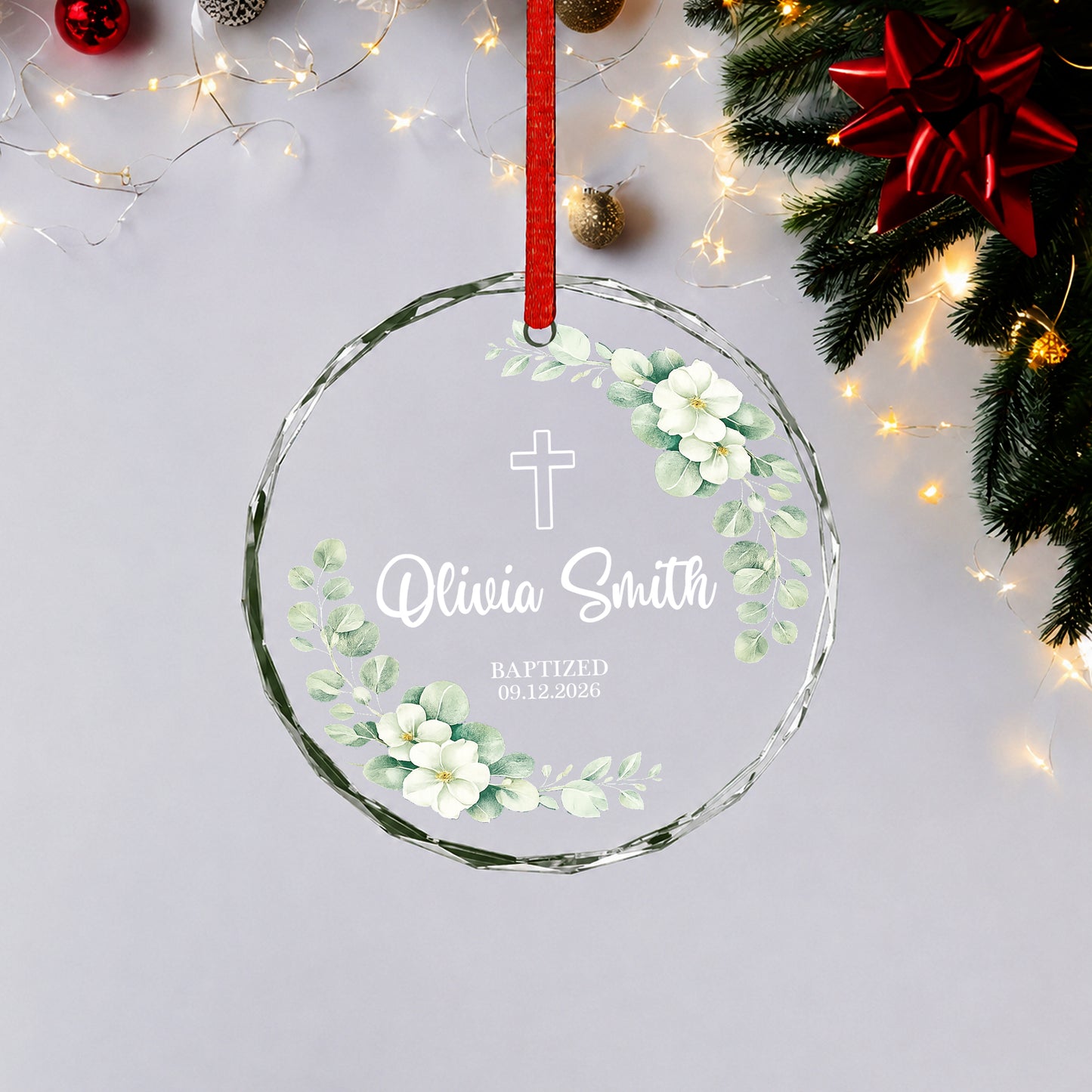 Custom Date Time & Name Christian Glass Ornament Xmas 2026