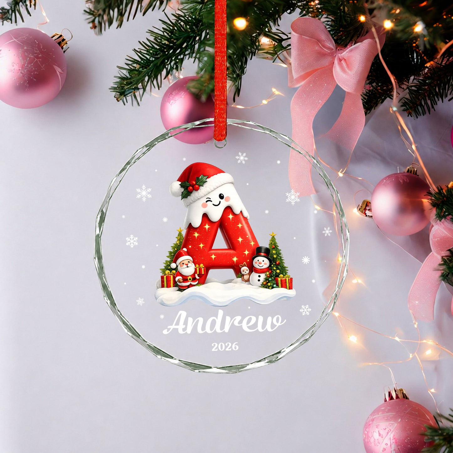Init Letter Santa Custom Name Christmas Glass Ornament Xmas 2026