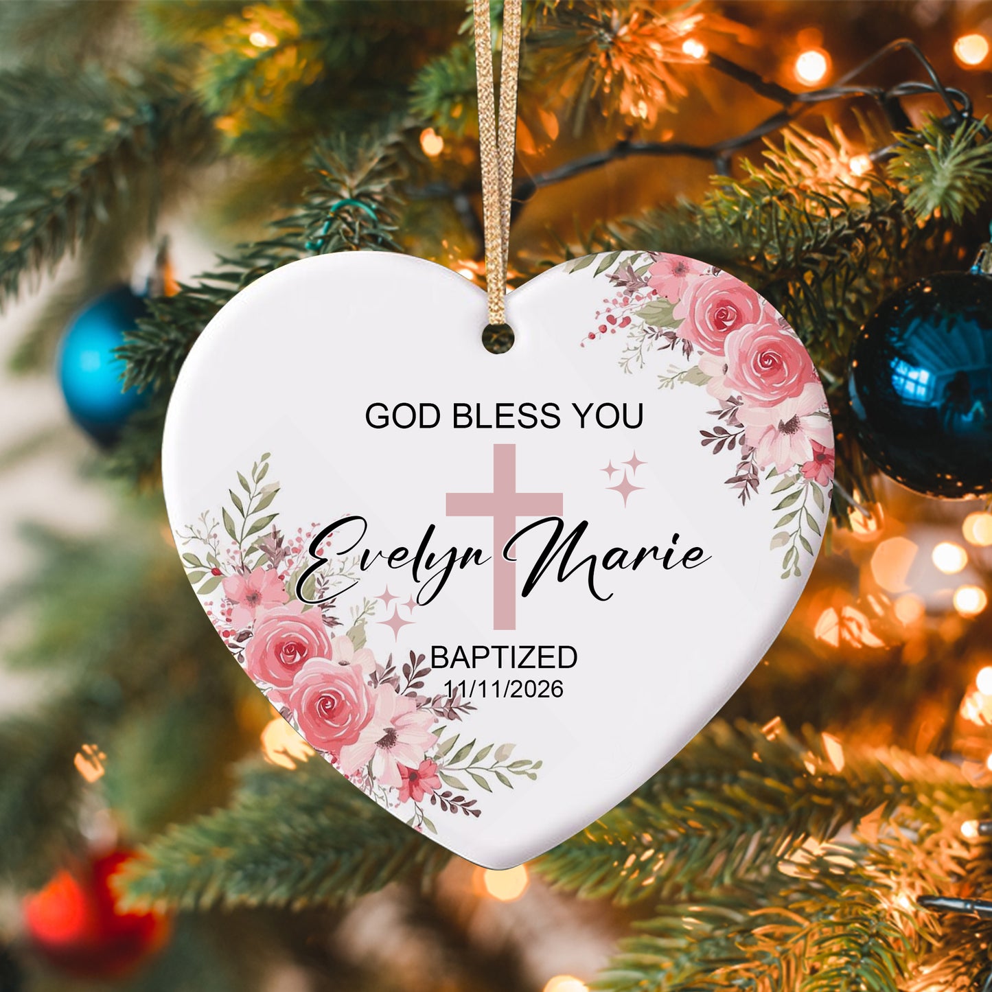 God Bless You Baptized - Custom Date Time Ceramic Ornament Xmas 2026