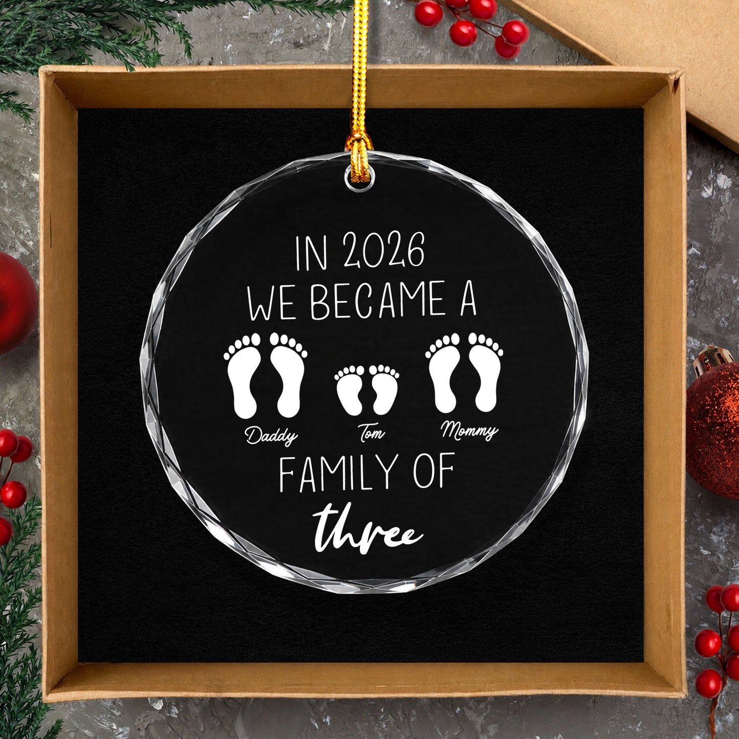We Became Family Of Three - Custom Name Glass Ornament 2026