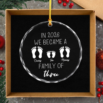 We Became Family Of Three - Custom Name Glass Ornament 2026
