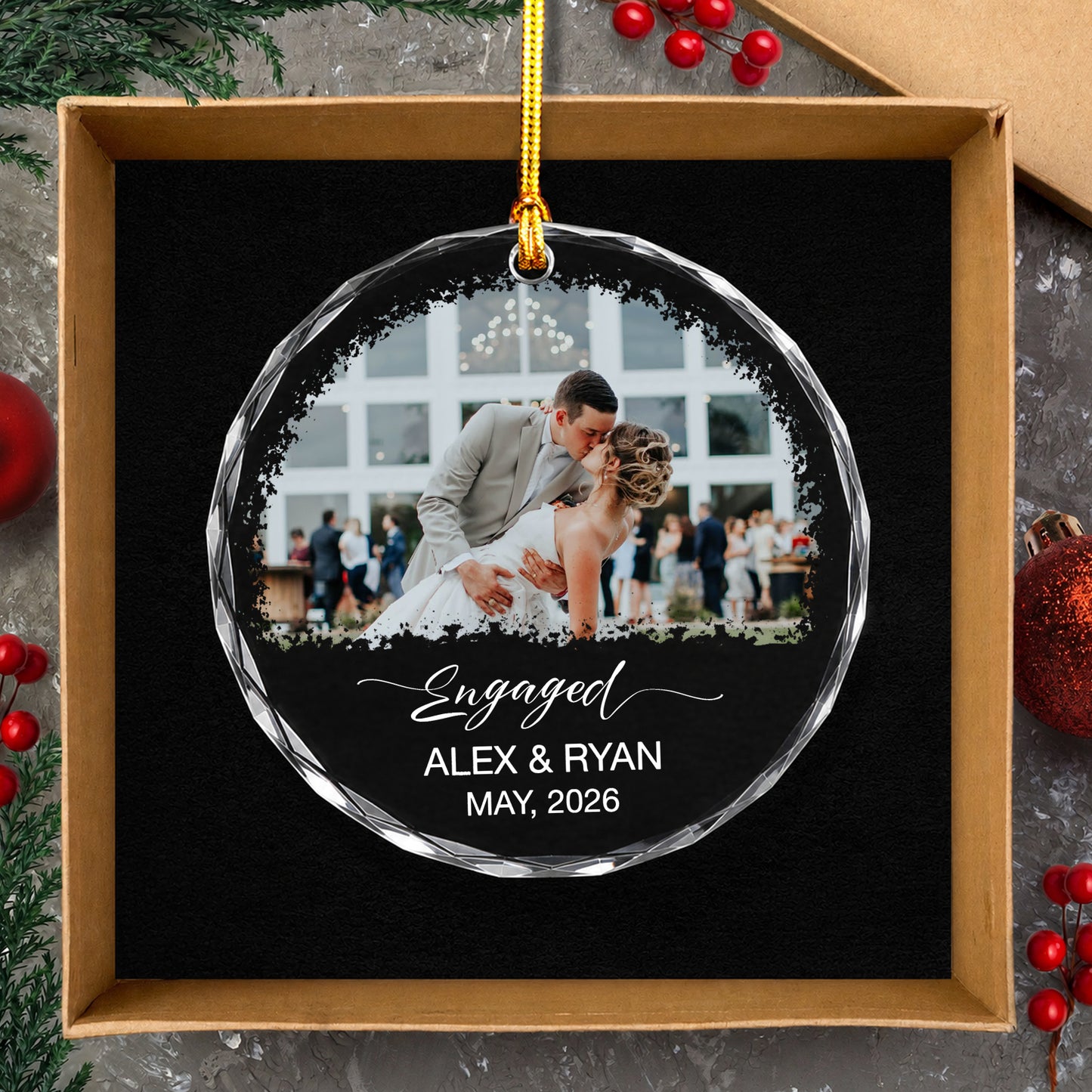 Engaged Custom Name Date  Image Glass Ornament 2026 Xmas