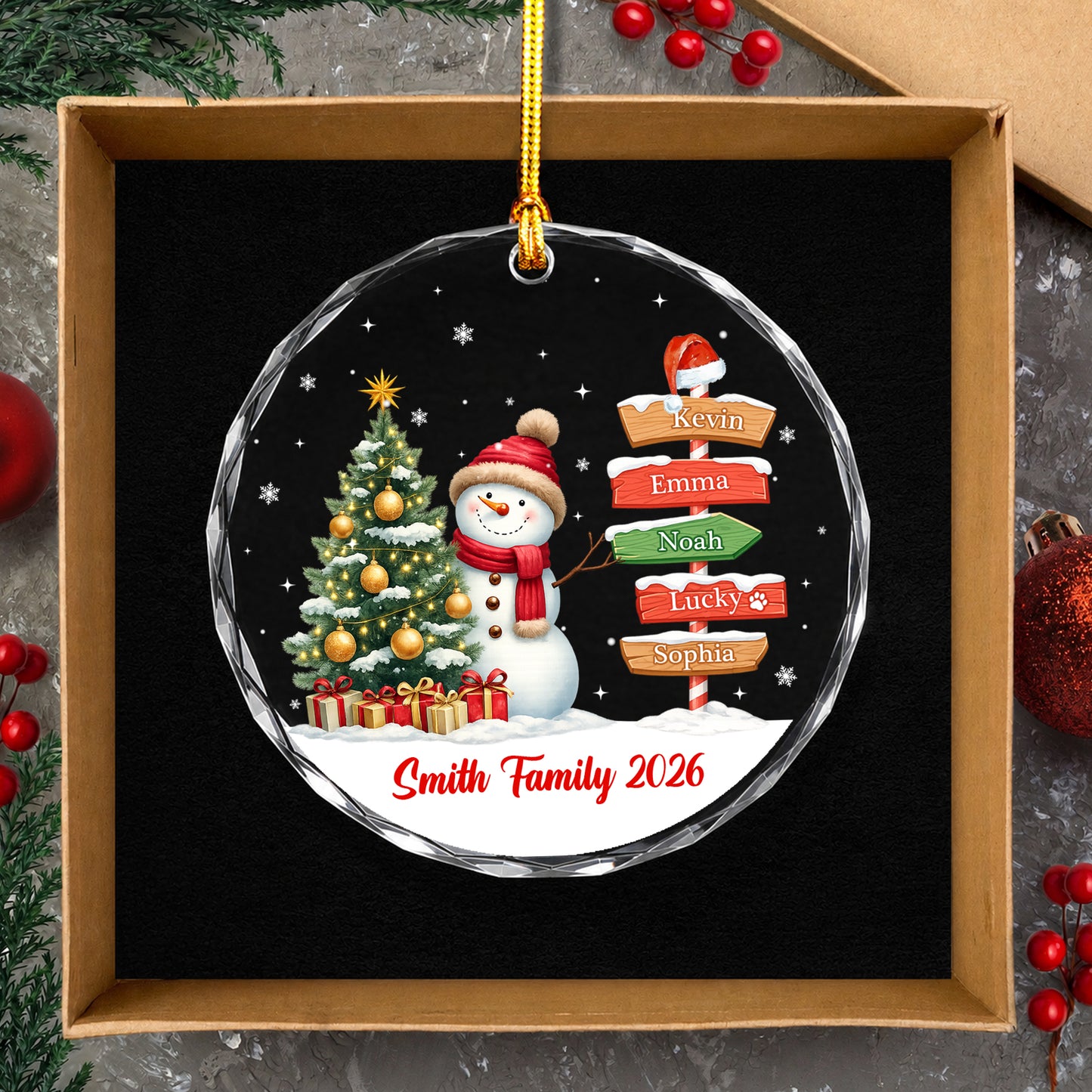 Custom Name Family Member Sign Snowman - Glass Ornament 2026 Xmas