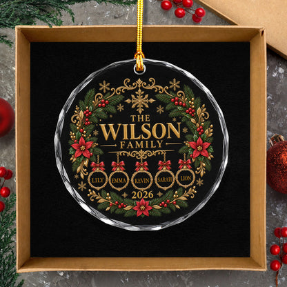 Personalized Christmas ornament engraved with family name, custom-named glass ornament, family and pet ornament, 2026 family keepsake.