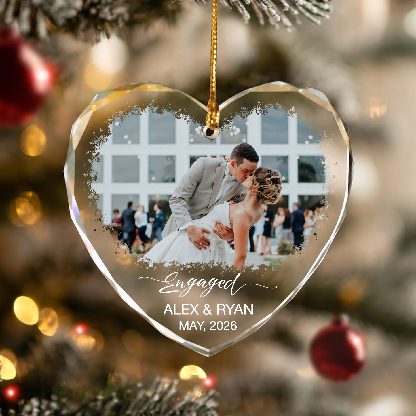 Engaged Custom Name Date  Image Glass Ornament 2026 Xmas