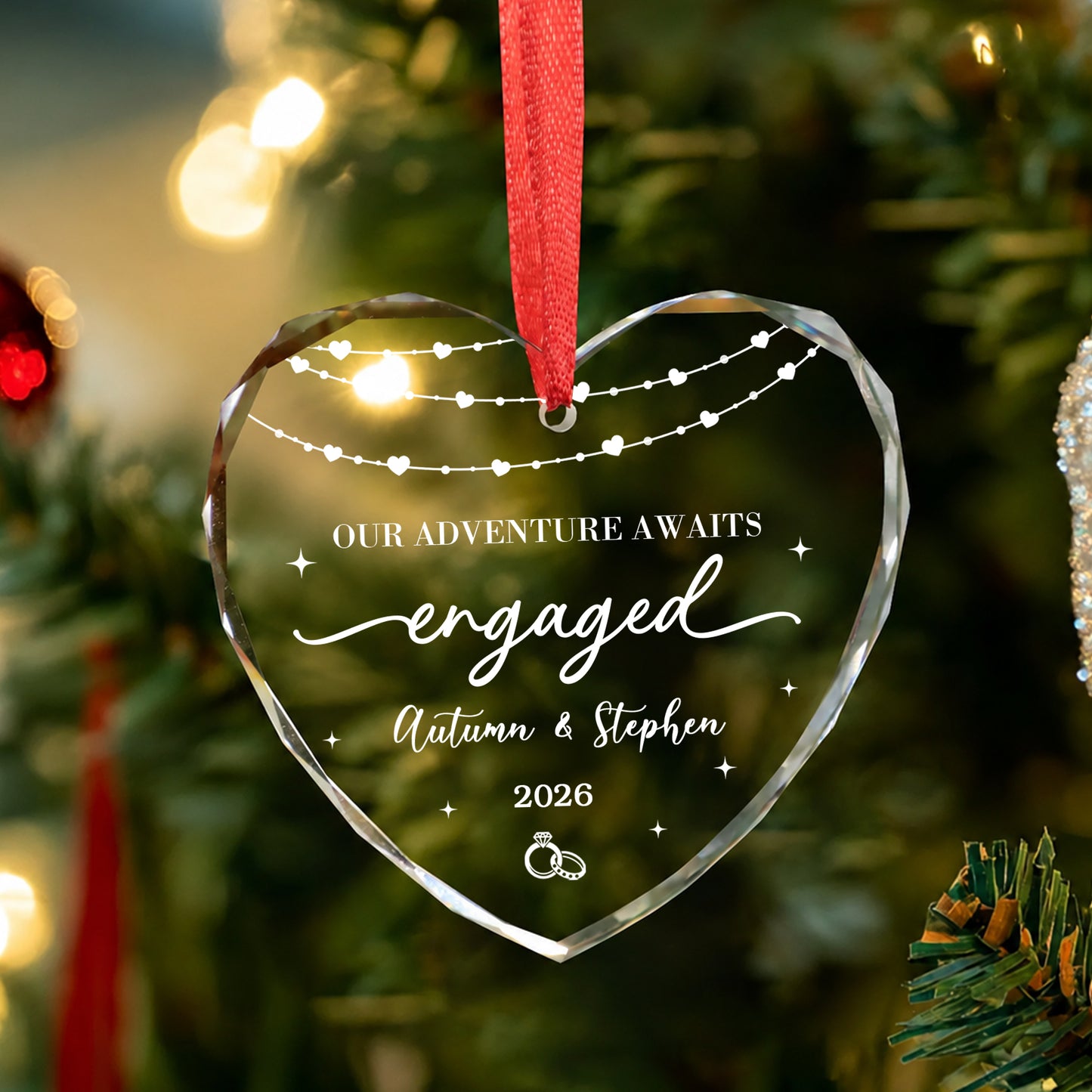 Our Adventure Engaged Custom Name Glass Ornament 2026 Xmas