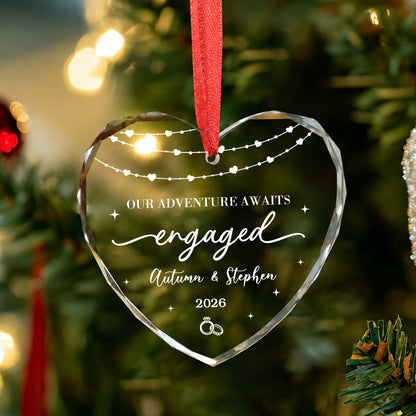 Our Adventure Engaged Custom Name Glass Ornament 2026 Xmas