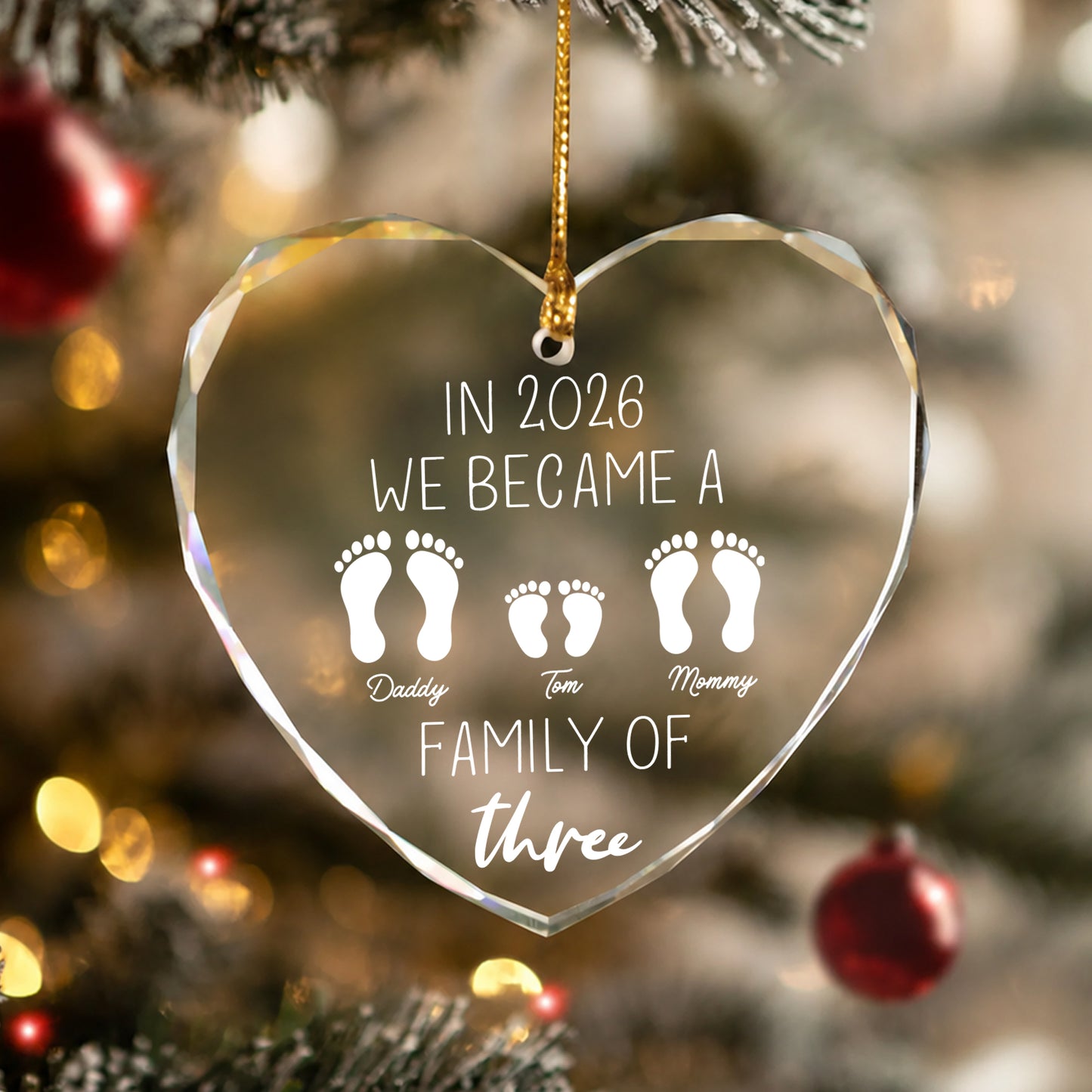 We Became Family Of Three - Custom Name Glass Ornament 2026