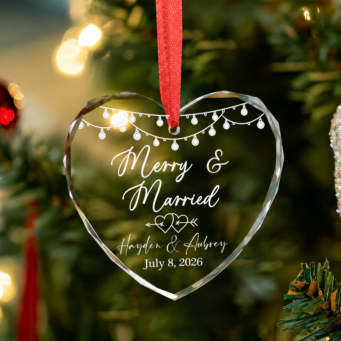 Merry & Married Custom Name Glass Xmas Ornament 2026